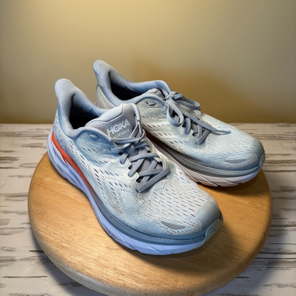 Hoka One One Clifton 8 Women's Running Shoes, Light Blue/Orange/White, Size 9.5